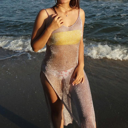 Robe de plage transparente en maille pailletée pour femme
