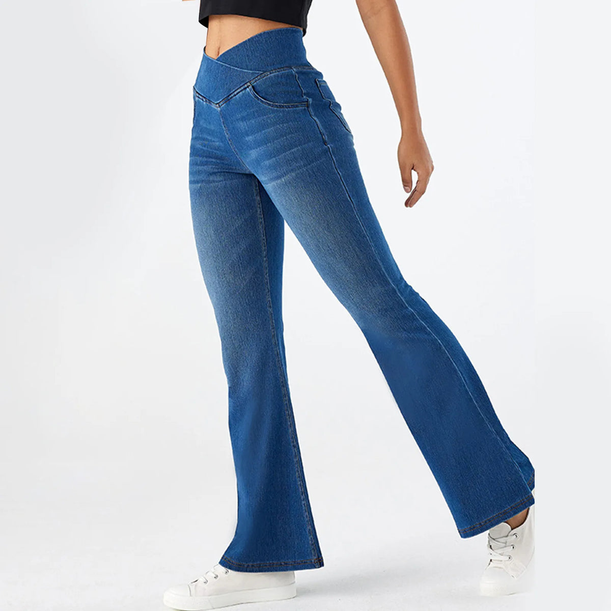 Jean évasé femme taille haute – coupe amincissante